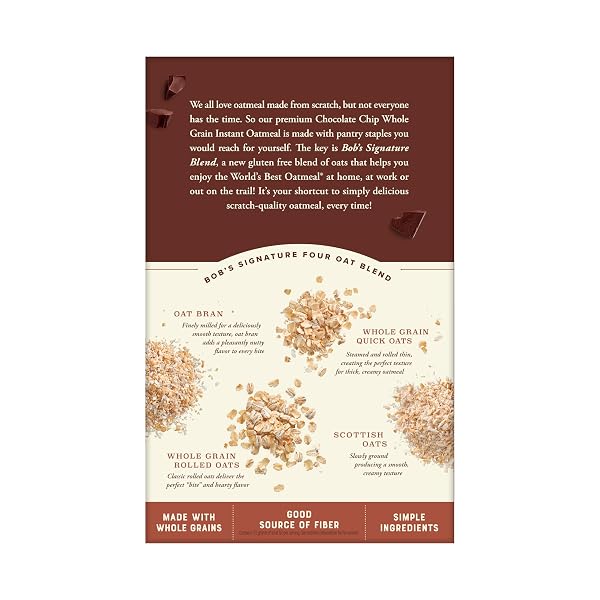 BOB’S RED MILL INSTANT OATMEAL PACKETS, CHOCOLATE CHIP (1 BOX/6 PACKETS PER BOX), NON-GMO, GLUTEN FREE, WHOLE GRAIN