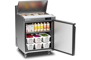 Coolake 27'' W Commercial Refrigerator Sandwich Salad Prep Table, 1 Door Sandwich Fridge with 8 GN 1/6 Pans, Counter Fan Cooling Refrigerator for Restaurant, ETL DOE