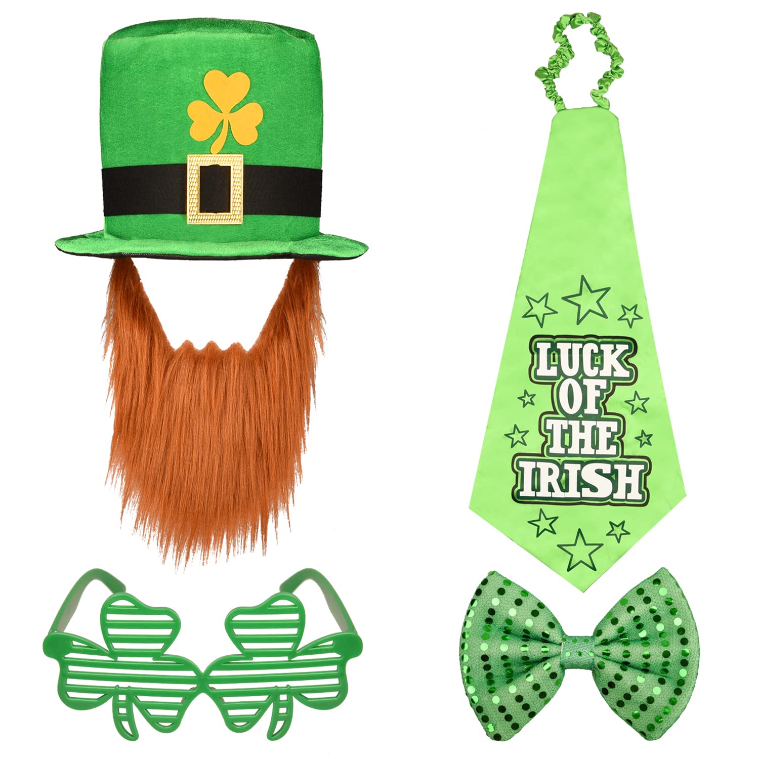 NAUZE 4 Pieces St. Patrick's Day Costumes Suit Decorations, Dress Accessories Green Clover Leprechaun Top Hat Beard Tie Bow Tie Glasses for Men Women Festival Ornaments