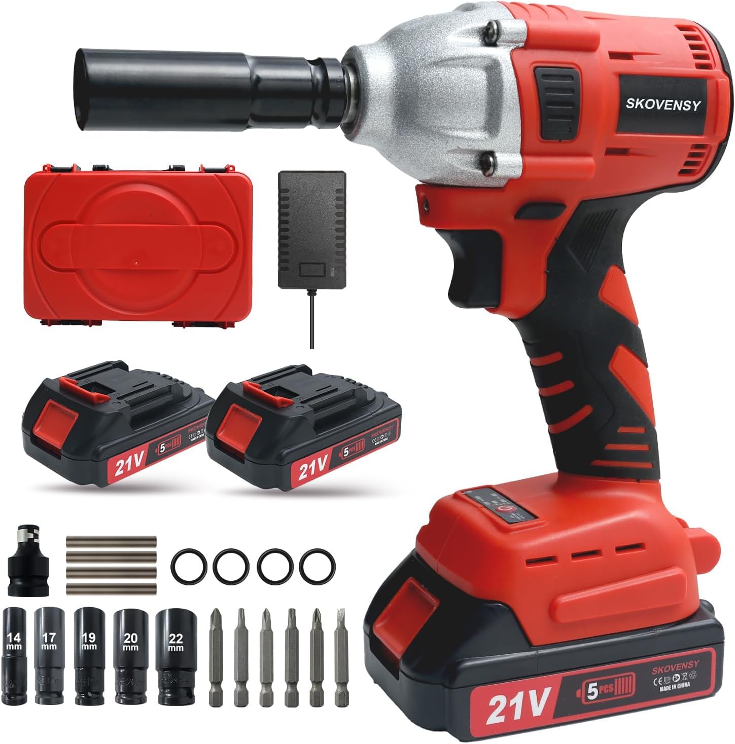 Photo 1 of SKOVENSY Cordless Impact Wrench, 2 Batteries, 1/2 Impact Gun, with 5 Sockets,Pistola de Impacto, Electric Impact Driver for Car Tires and Home RED-DDBS