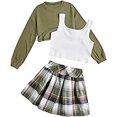 OYOANGLE Girl's 3 Piece Outfit Tank Top and Plaid Pleated Skirt with High Low Hem Crop Shirt Set