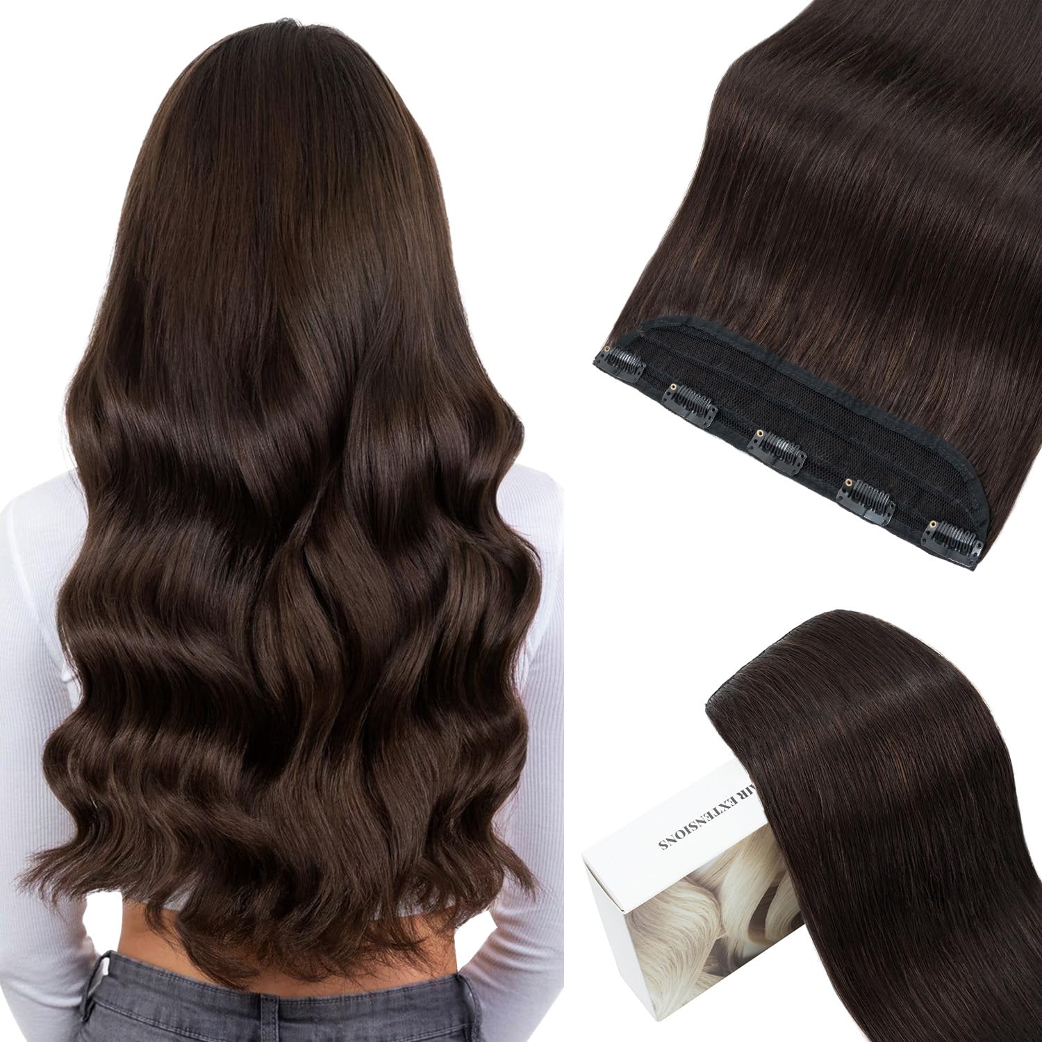 Photo 1 of TESSHAIR 5 Clip One Piece Clip in Hair Extensions Real Human Hair 20 Inch Human Hair Clip in Extensions Dark Brown 3/4 Full Head Hair Extensions Clip ins Long Straight 95g