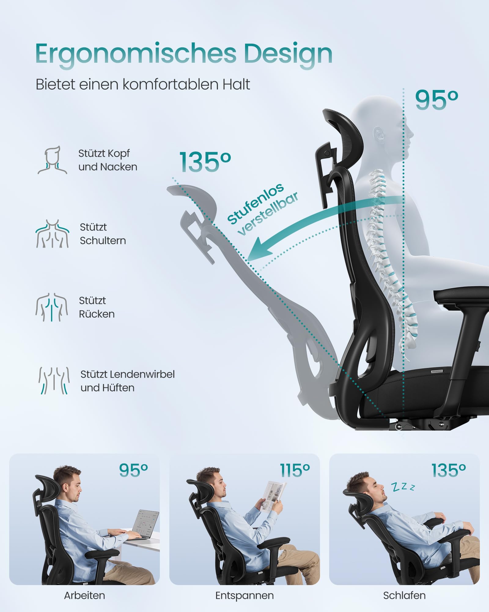 SONGMICS Bürostuhl ergonomisch, Schreibtischstuhl, Computerstuhl, verstellbare Lenden- und Kopfstütze, bis 150 kg belastbar, höhenverstellbar, tintenschwarz OBN066BH01 4