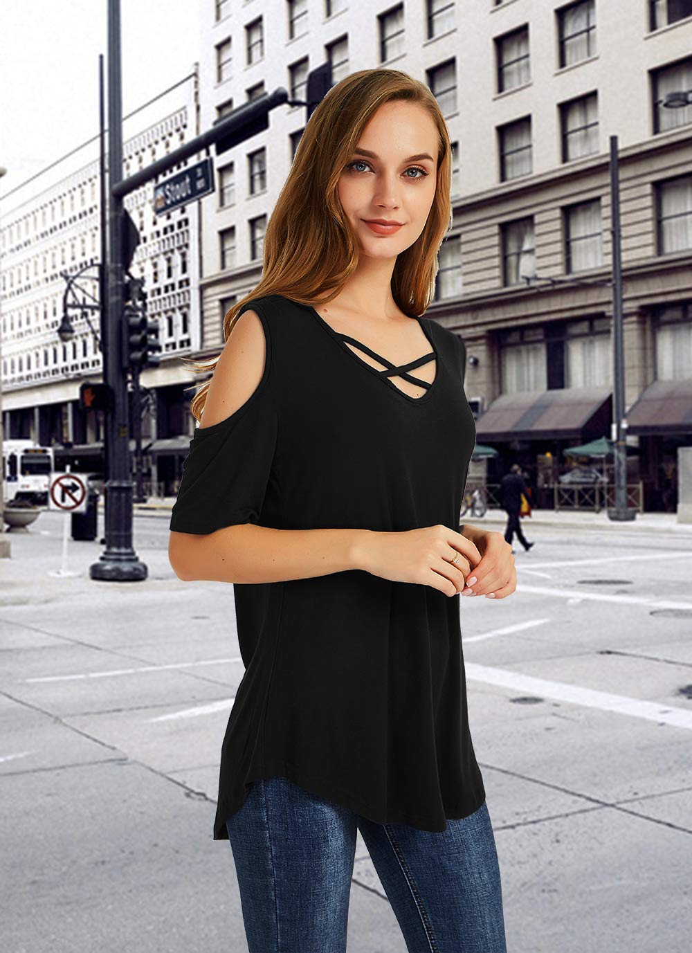 Women Short Sleeve Criss Cross V Neck Cold Shoulder T-Shirt m