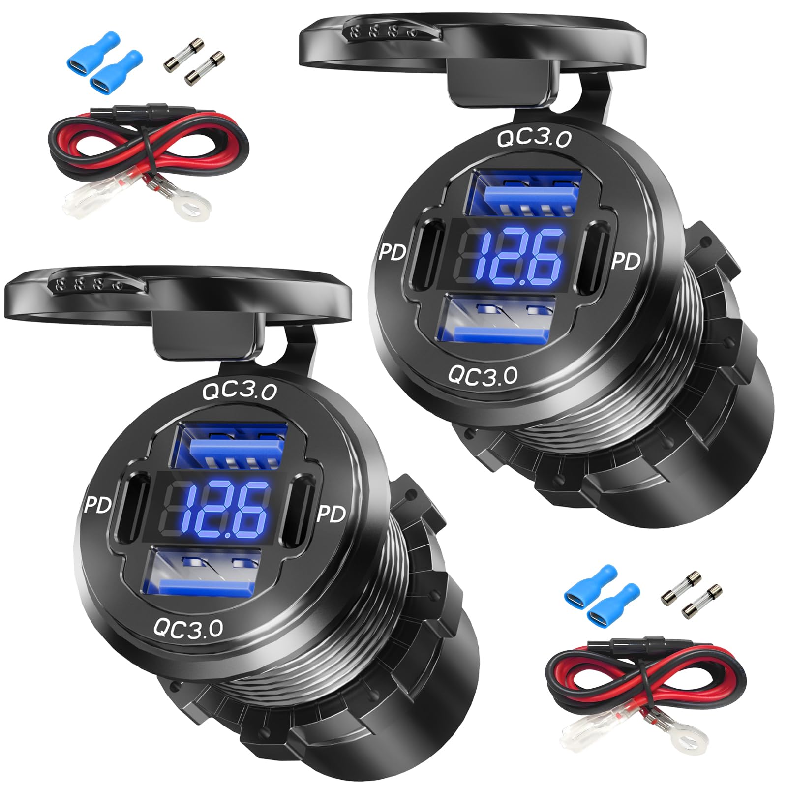 2PCS, Dual PD USB C Ports & Dual Quick Charge 3.0 Ports Car Charger Socket, VANONE Aluminum Alloy Waterproof 12V USB Outlet, Accessories for Car Boat Marine Motorcycle RV ATV Truck Golf Cart