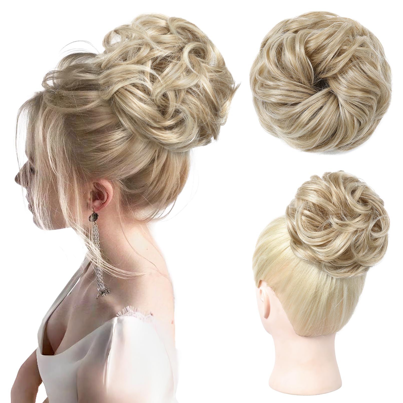 REECHO Messy Bun Hair Piece, Thick Tousled Updo Elastic Hair Bun Hair Piece for Women Synthetic Ponytail Extensions Messy Hair Bun - Medium Blonde with Light Ends