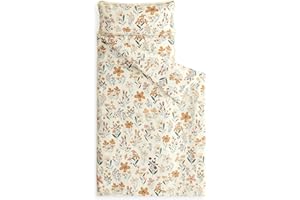 Wake In Cloud - Toddler Nap Mat with Pillow and Blanket, for Kids Girls in Kindergarten Daycare Preschool Pre K, Roll Up Sleeping Bag, Floral Botanical Flowers, Orange Cream, Standard