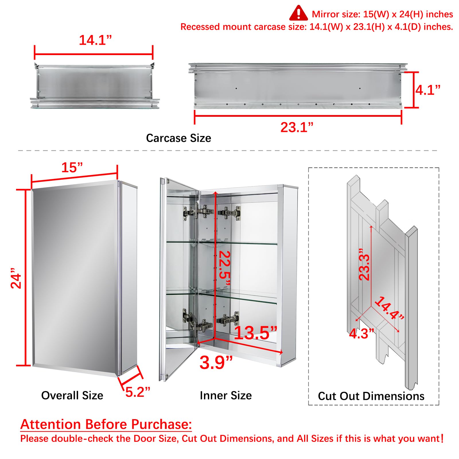 Fundin Aluminum Bathroom Medicine Cabinet with Framless Double Sided Mirror Door15 Inch x 24 Inch Recess or Surface Mount, Silver