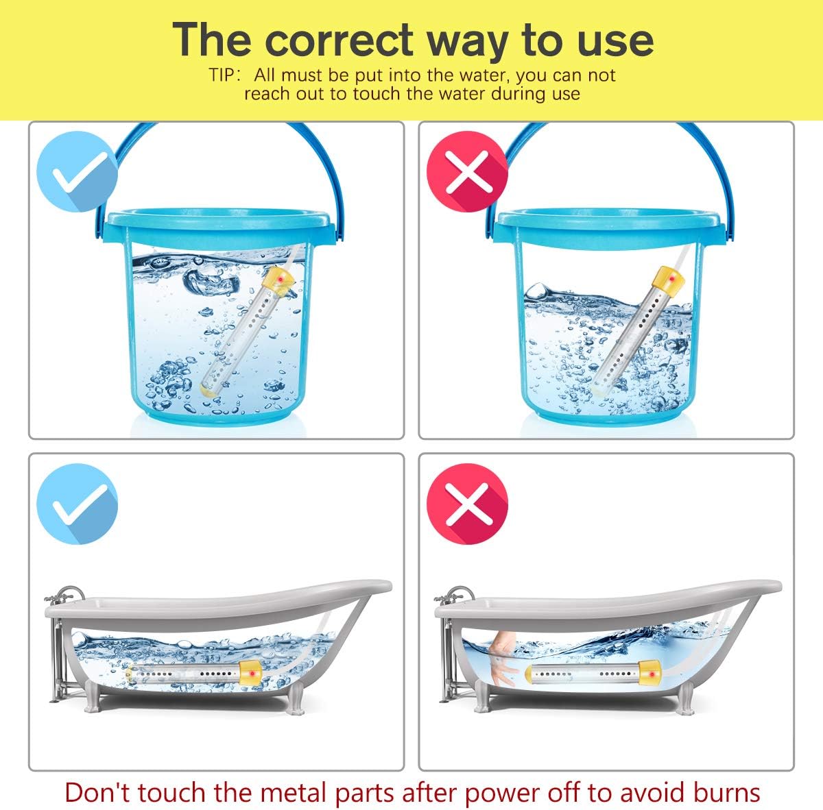CAMTOA Immersion Heater, Electric Submersible Instant Water Heater with Metal Guard Cover Portable Bucket Heater to Heat 5 Gallons of Water in Minutes for Bathtub, Inflatable Pool - - 