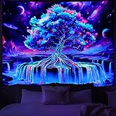 Obsecolors Blacklight Tree of Life Tapestry UV Reactive Waterfall Tapestry Galaxy Space Aesthetic Tree Wall Tapestries Colorful Starry Sky Tapestries Wall Hanging for Bedroom