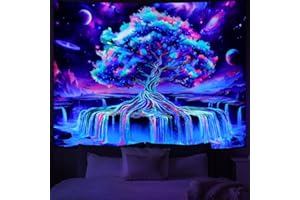 Obsecolors Blacklight Tree of Life Tapestry UV Reactive Waterfall Tapestry Galaxy Space Aesthetic Tree Wall Tapestries Colorful Starry Sky Tapestries Wall Hanging for Bedroom