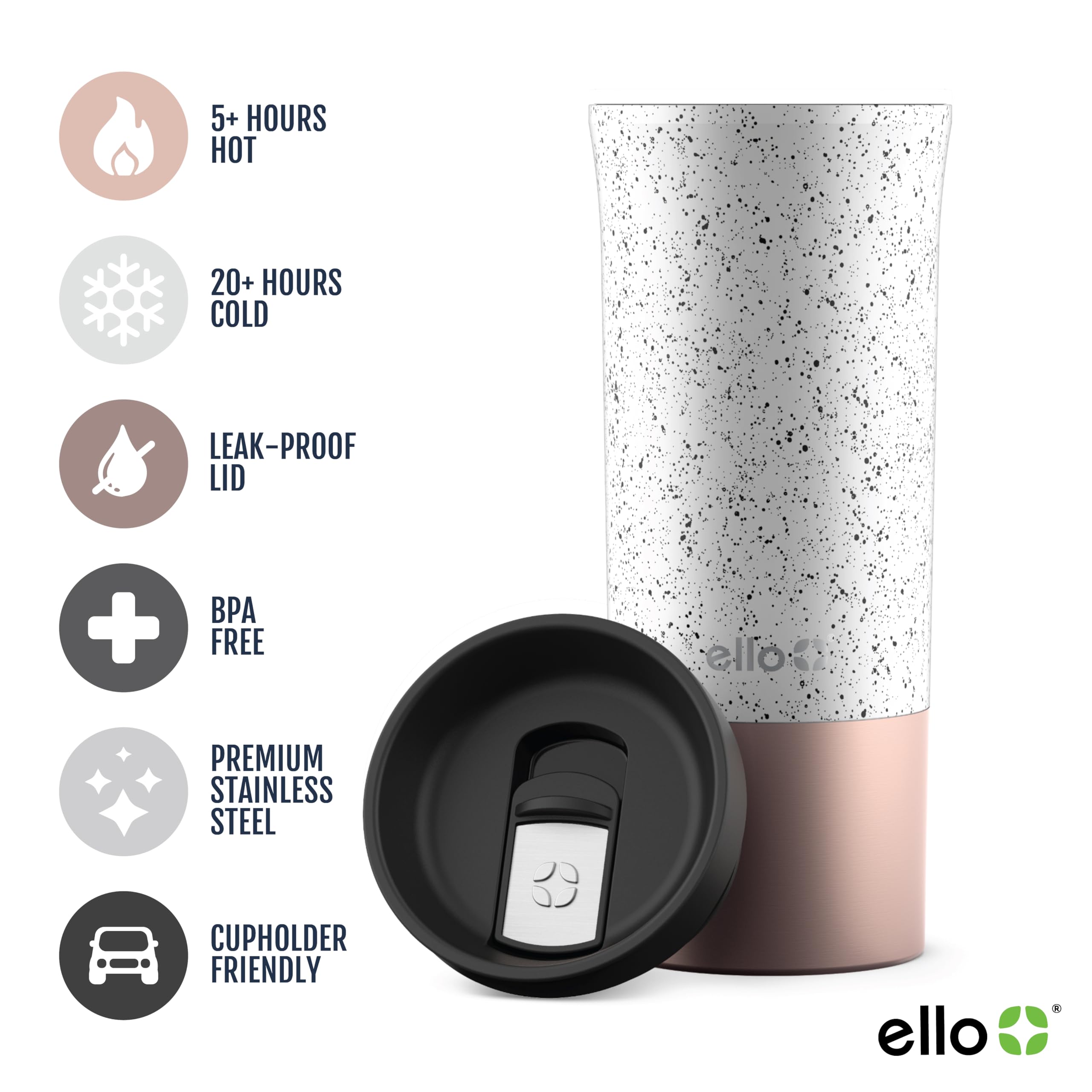 Ello Miri 16oz Vacuum Insulated Stainless Steel Travel Mug, Leak-Proof Slider Lid, Keeps Hot for 5 Hours, Perfect for Coffee or Tea, BPA-Free, Fits Most Cupholders, Holiday Gift, Speckle