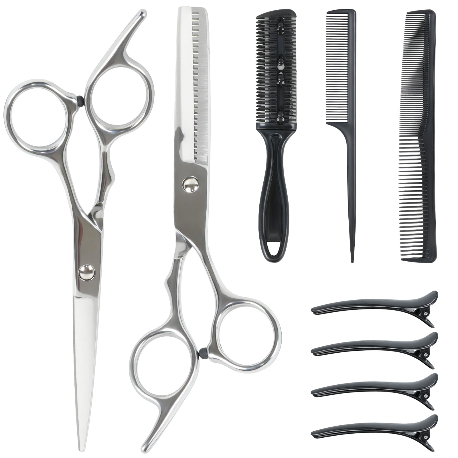 Hengxinc 9PCS Hairdressing Scissors Set, Professional Hair Scissors Set, 2-in-1 Thinning Scissor Hairdressing Kit for Men Women Children Pets Dog Home Salon Barber 6.7 Inch