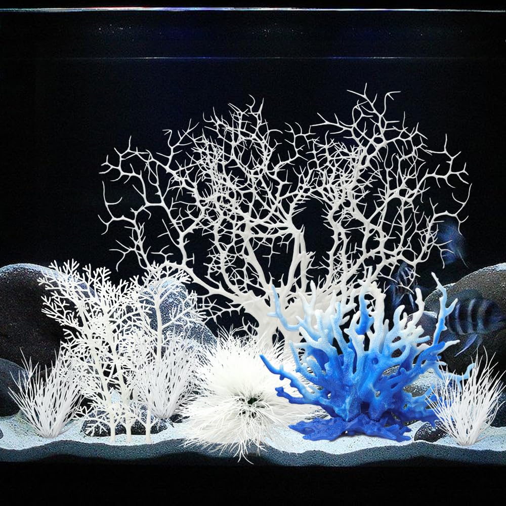 BEGONDIS 8 Pack Artificial Coral Ornament, Aquarium Plasitc Water Plants for Fish Tank Decorations (White Set)