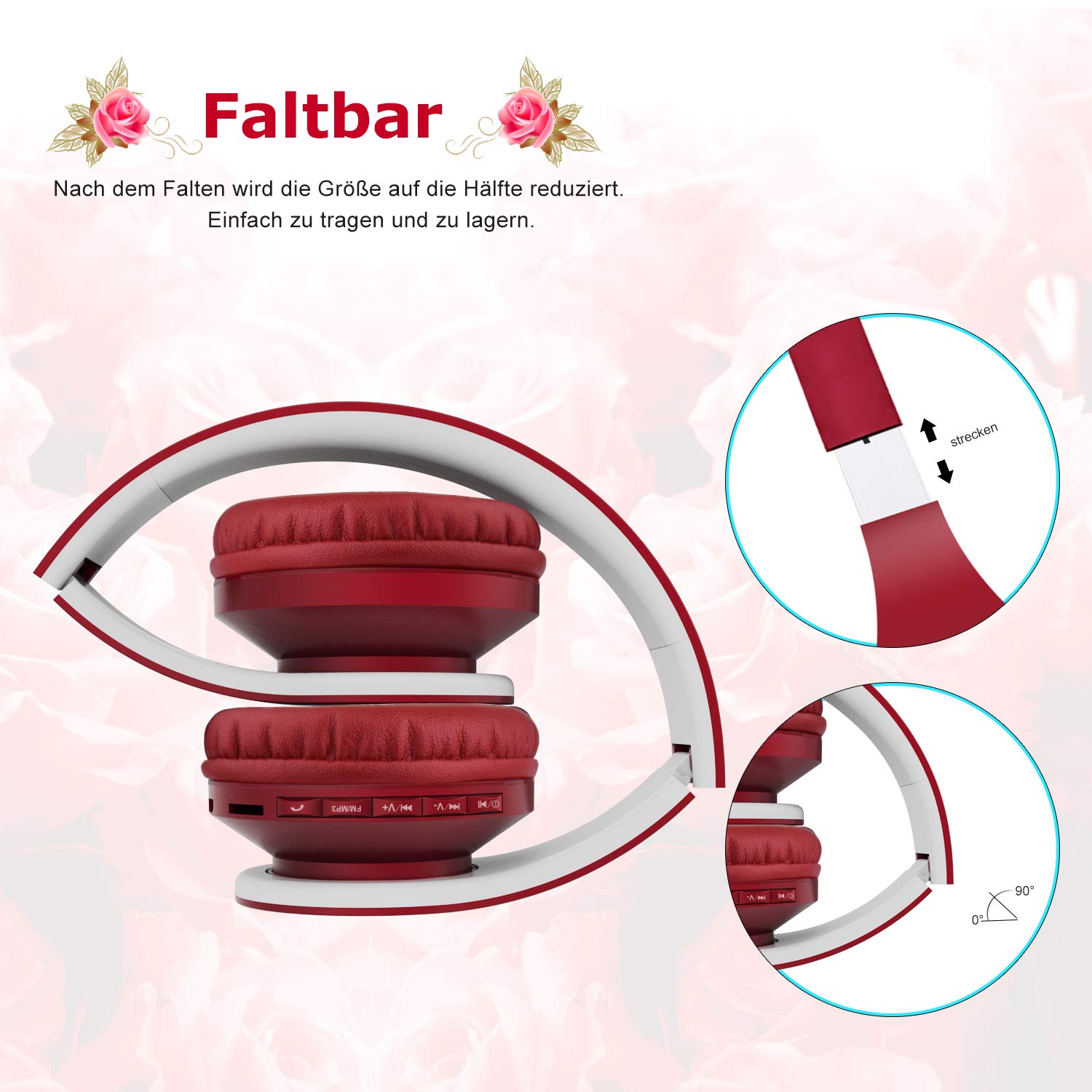 Bluetooth Kopfhörer, Sunvito Faltbarer Drahtloser Stereo Headset mit Mic, FM Radio Unterstützungs-TF Karte und Aux Spiel (Weinrot)