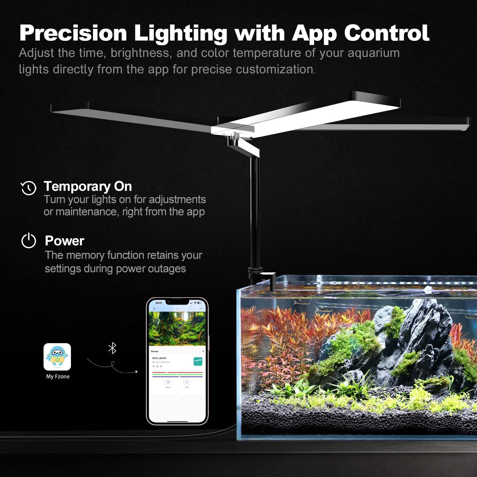 FZONE SOLO Serie Nano Aquarium LED Beleuchtung, Vollspektrum, Dimmbar, App-gesteuert, mit Timer, für Süßwasser- & Pflanzenaquarien 3