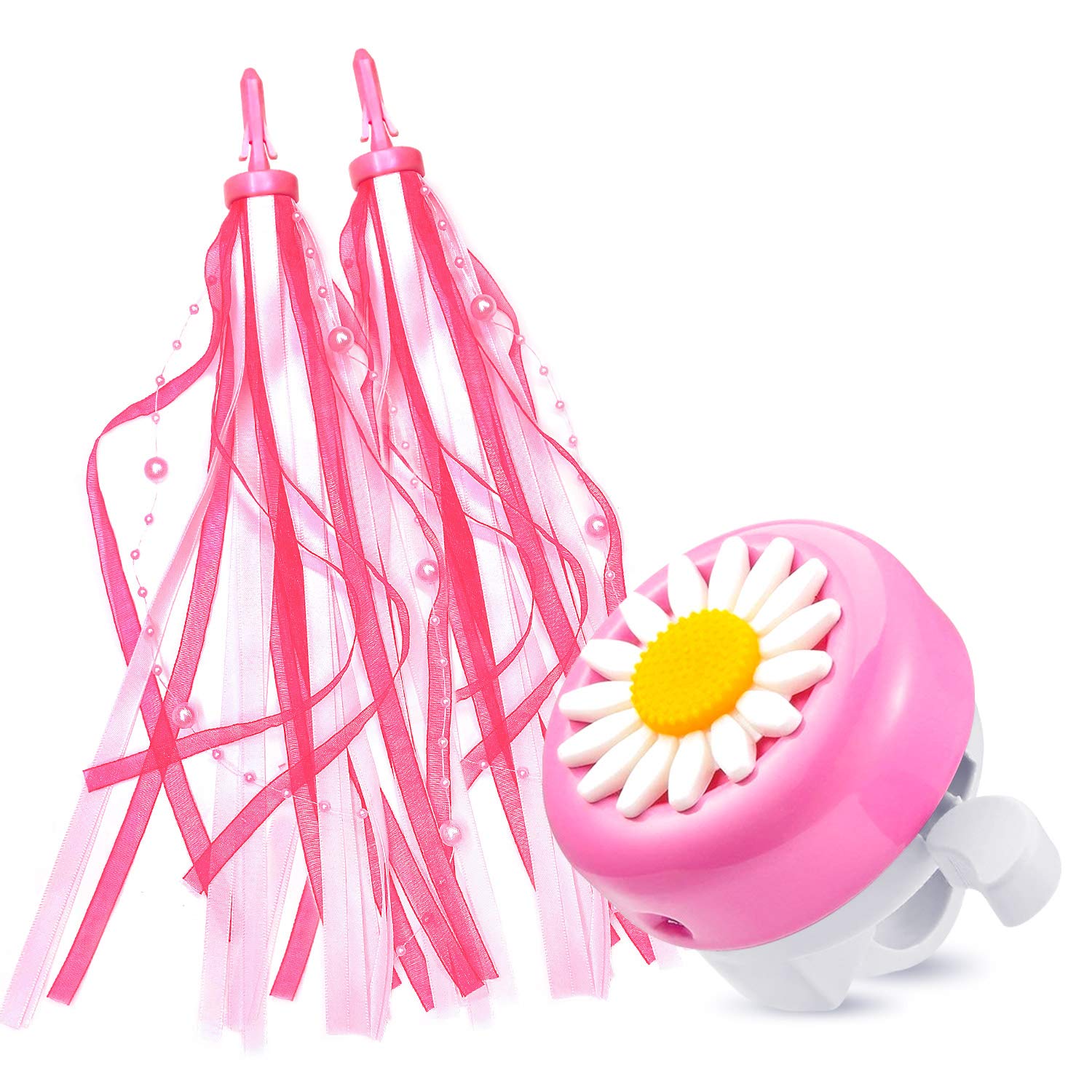 obqo 1 Pack Kids Bike Bell and 2 Pack Kids Bike Streamers for Children's Bike Accessories (Pink, Red, Purple & Blue) (Pink streamer + Pink & White Bell)