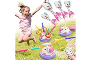 ALIEX 3 in 1 Unicorn Rocket Launcher, Ring Toss & Musical Jump, Outdoor Jumping Spinning Toy for Kids Ages 3-8, Indoor Active Play Set for Boys Girls, STEM Learning Birthday Gift for 3 4 5 6 7 8 Years Old