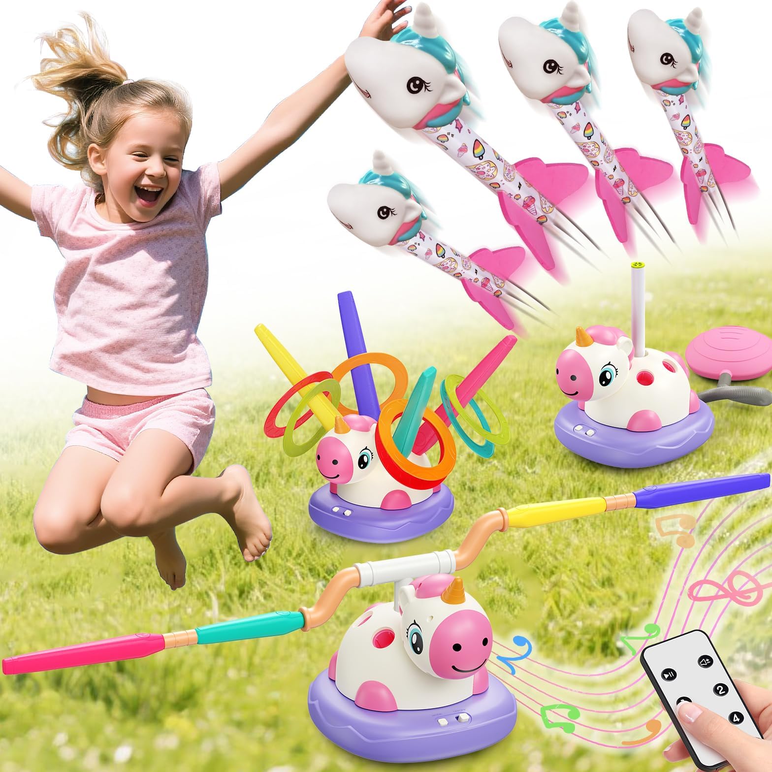 Photo 1 of 3 in 1 Unicorn Rocket Launcher, Ring Toss & Musical Jump, Outdoor Jumping Spinning Toy for Kids Ages 3-8, Indoor Active Play Set for Boys Girls, STEM Learning Birthday Gift for 3 4 5 6 7 8 Years Old
