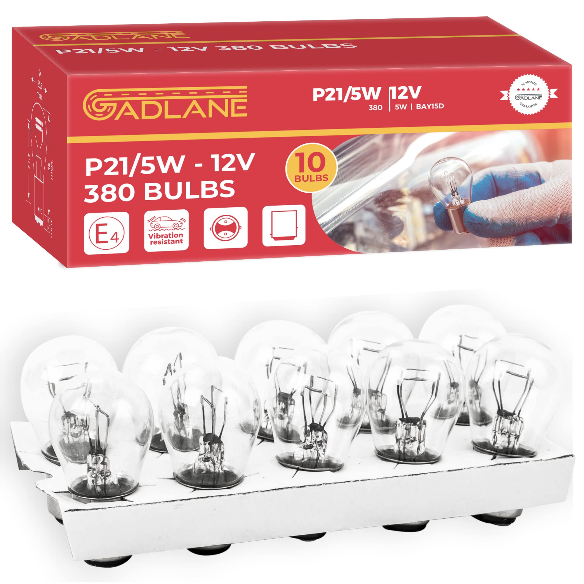 GADLANE 10 x 380 P21/5W Car Bulb BAY15d Brake Light Bulb Stop & Tail Light 12V 21/5W - Pack of 10