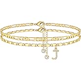 Ursteel Ankle Bracelets for Women, 14K-Gold-Plated Dainty Layered Chain CZ Initial Anklets Set Summer Jewelry Gifts for Women