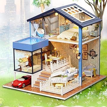 Geggur DIY Miniature Wooden Bedroom Model 3D Realistic House Room Craft Furniture with LED Lights Perfect