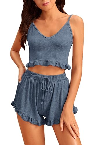 SheIn Women's Piece Frill Hem Sleepwear Crop Cami Top and Shorts