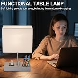 Briever USB Bedside Table Lamp with 3 USB Ports Silver Wood Base view 7