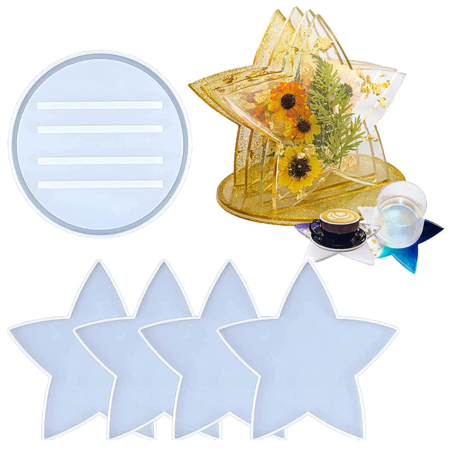 Coaster Resin Molds, 4pcs Star Cups Mat Molds with 1pc Storage Holder Silicone Molds for Epoxy Resin Casting Coaster Resin Molds for DIY Art Craft Making