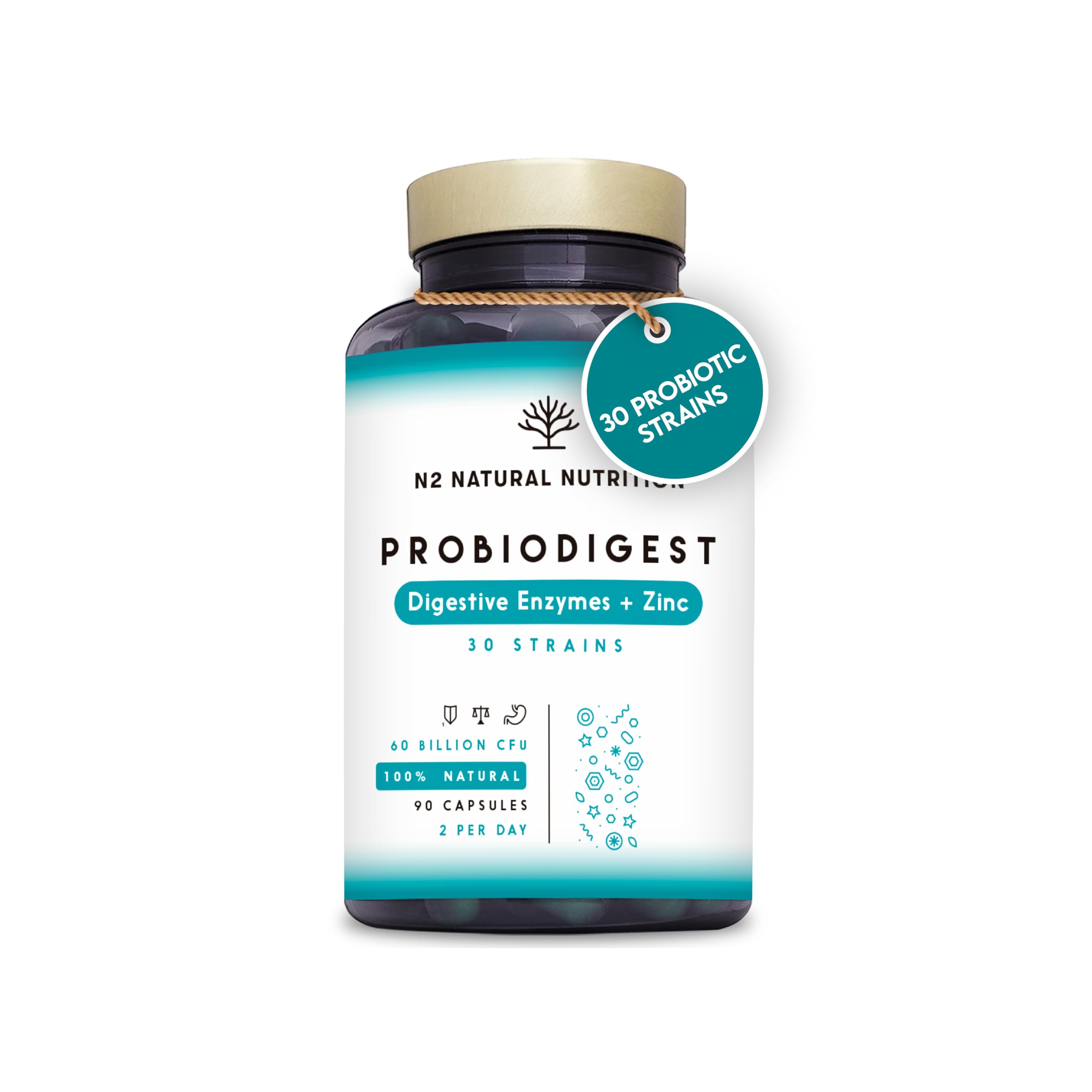 Probiotics Complex 60 Billion UFC, 30 Strains with Digestive Enzymes Plus Prebiotics and Zinc. Bacterial Cultures, Helps Immune System. with lactobacillus. 90 Capsules. CE. N2 Natural Nutrition