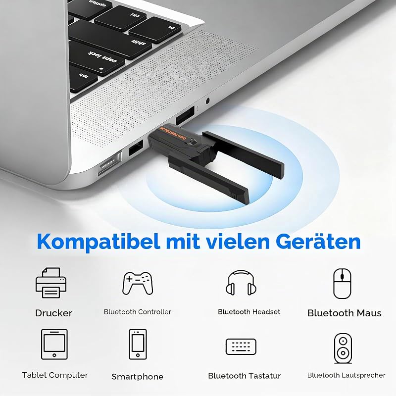 Bluetooth Adapter 6.0 Mit Großer Übertragungsreichweite für PC Windows 11/10/8.1, USB Dongle für Bis zu 5 Geräte simultan, Große Reichweite, Niedrige Latenz