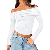 Trendy Queen Women Long Sleeve Shirts Off Shoulder Tops Going Out Crop Sexy Slim Fitted Y2K Fall Outfits 2026 Fashion Clothes