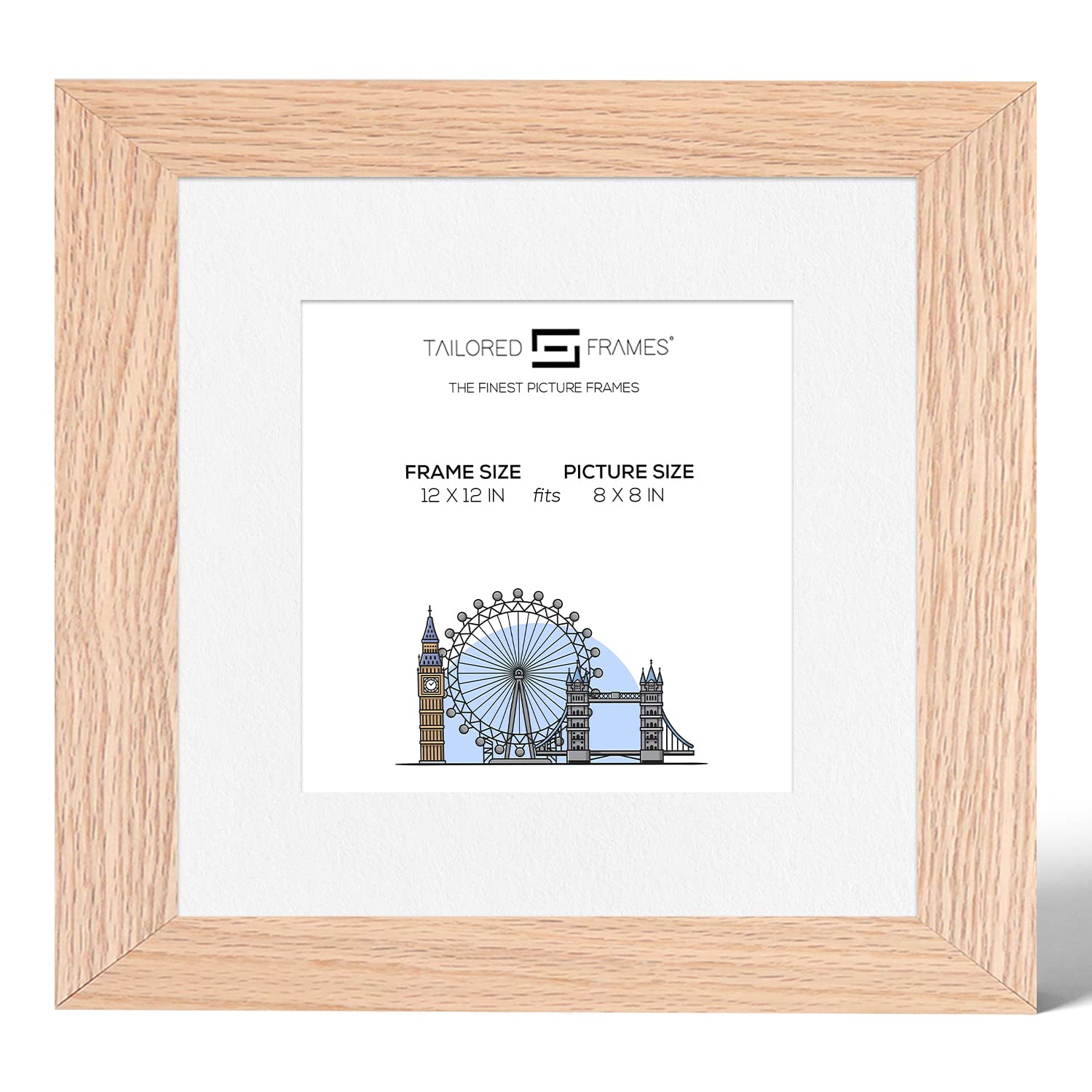 Tailored Frames 99 Solid Natural Oak 12" x 12" Frame for 8" x 8" Picture | Single Picture Frames | Wall Hanging Type | Photo Frame with White Mount