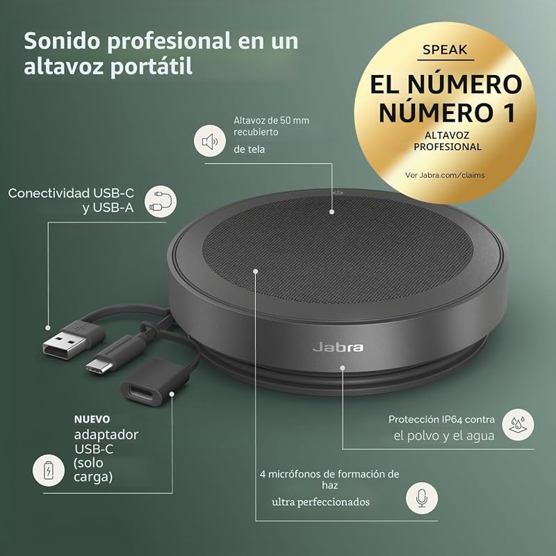 Alto-falante bluetooth sem fio jabra speak2 75, 4 microfones com cancelamento de ruído, alto alcance de 65 mm e áudio de banda super larga - certificado para equipes ms - cinza escuro