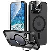 IDweel for iPhone 14 Case with Screen Protector & Camera Lens Protector,Compatible with MagSafe,Built-in Camera Stash Stand,Magnetic Hard Back Soft Edge Anti-Fingerprint Flexible Cover,Black