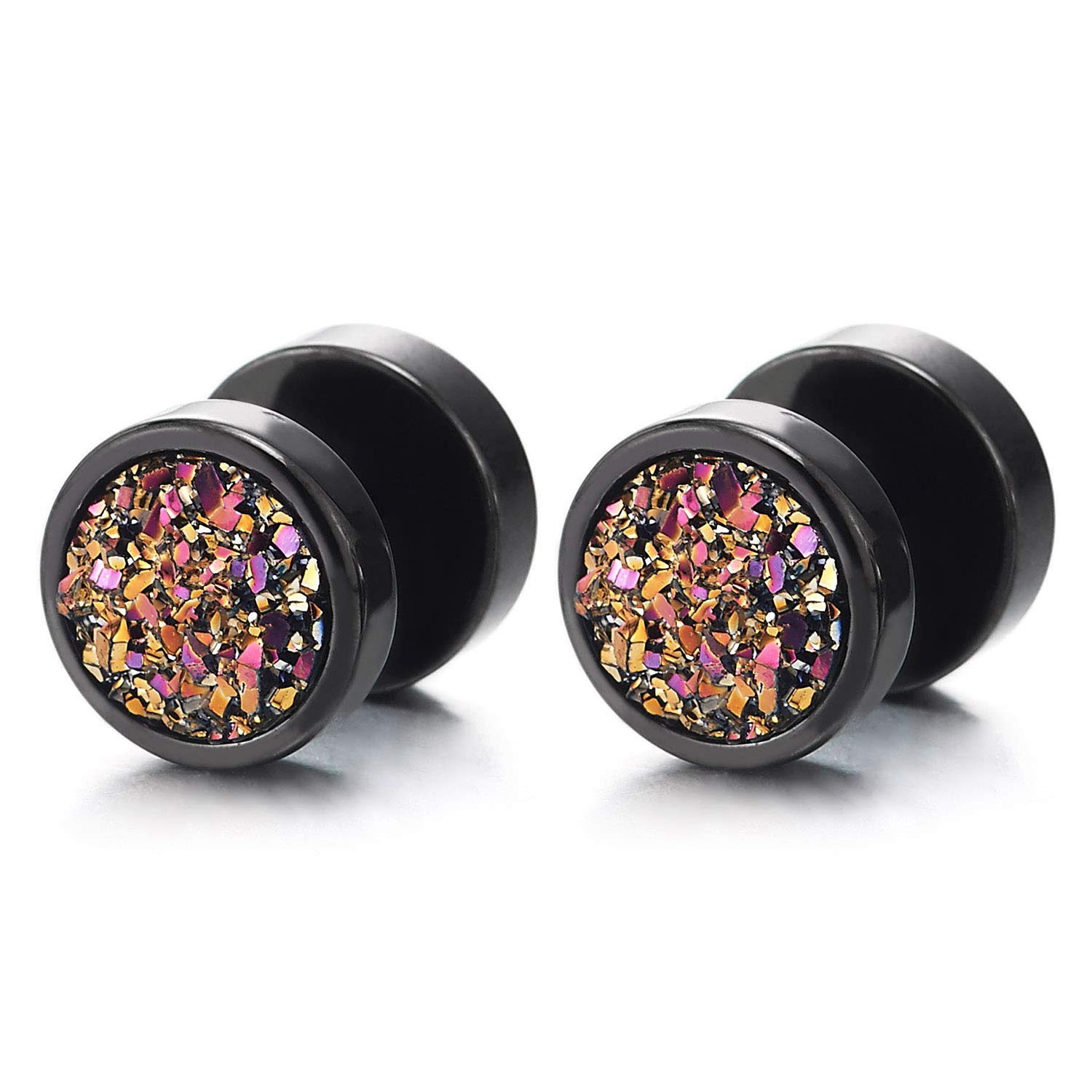Men Women Black Circle Stud Earrings Rainbow Sand Glitter Steel Cheater Fake Ear Plugs Gauges Tunnel
