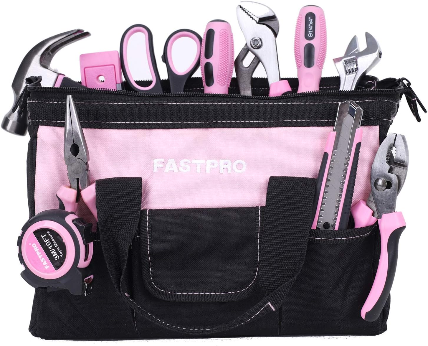 FASTPRO Pink Tool Set, 220-Piece Lady's Home Repairing Tool Kit with 12-Inch Wide Mouth Open Storage Tool Bag - - 