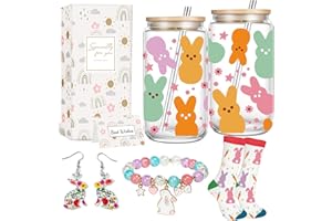 4MELLY Easter Bunny Cup, Easter Gifts for Women Basket Stuffers, Cute 16oz Glass Iced Coffee Cup with Lid And Straw
