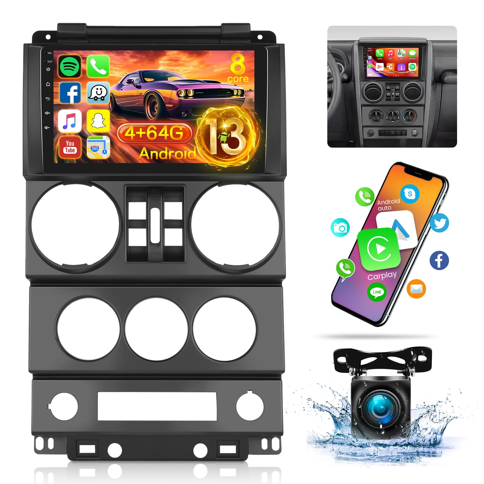 Photo 1 of [4G+64G] 8 Core Car Radio for Jeep Wrangler 2007 2008 2009 2010 (4 Door) - Android 13 Touch Screen Wrangler Stereo, DSP 32 EQ/IPS/Carplay/Android Auto/SWC/BT/WiFi + AHD Backup Camera