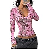 RoseSeek Women's Y2K Camo Graphic Tees V Neck Long Sleeve Crop Tops Fitted T Shirts Streetwear