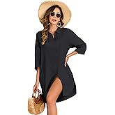 FIOPHY Women's 100% Linen Button Down Shirt Dress with Pockets Oversize Collared 3/4 Sleeve High Low Tunic Dresses Blouse