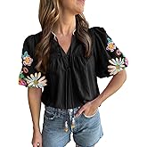 Whrounnk Women's Casual Floral Embroidered V Neck Boho Short Puff Sleeve Mexican Shirts Loose Summer Blouses Tops 2025 Pink S