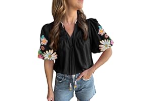 ECOSUNNY Women's Casual Floral Embroidered V Neck Boho Puff Short Sleeve Shirts Loose Tunic Summer Blouses Tops Fashion Clothes 2025