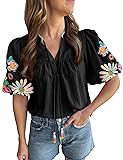 Women's Casual Floral Embroidered V Neck Boho Puff