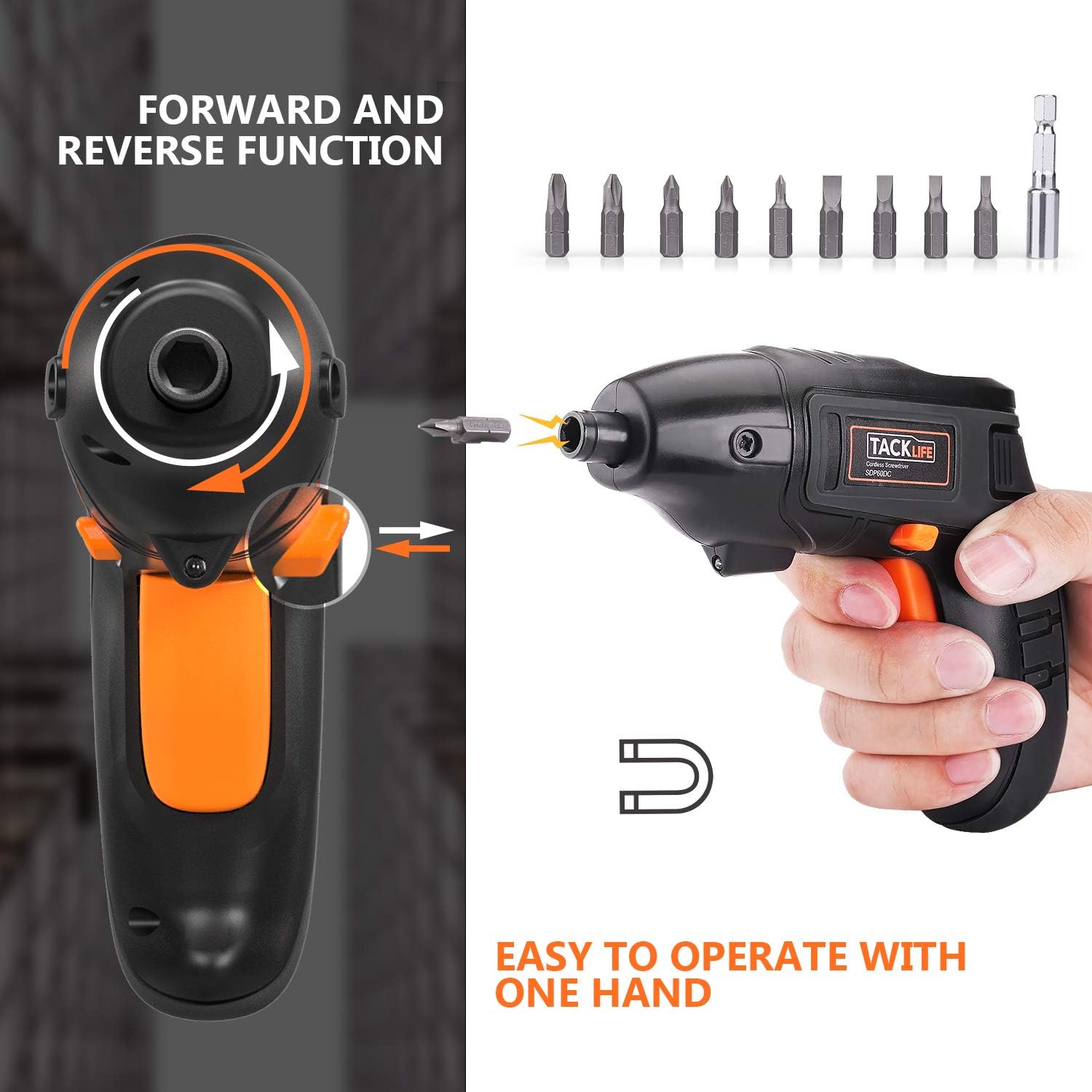 TACKLIFE Classic Electric Screwdriver, 3.6V Max Cordless Screwdriver Rechargeable with Micro USB, Front LED Light, 10 pcs Screwdriver Bits, 3 Battery Indicator, Compact and Lightweight Design-SDP60DC: Home Improvement