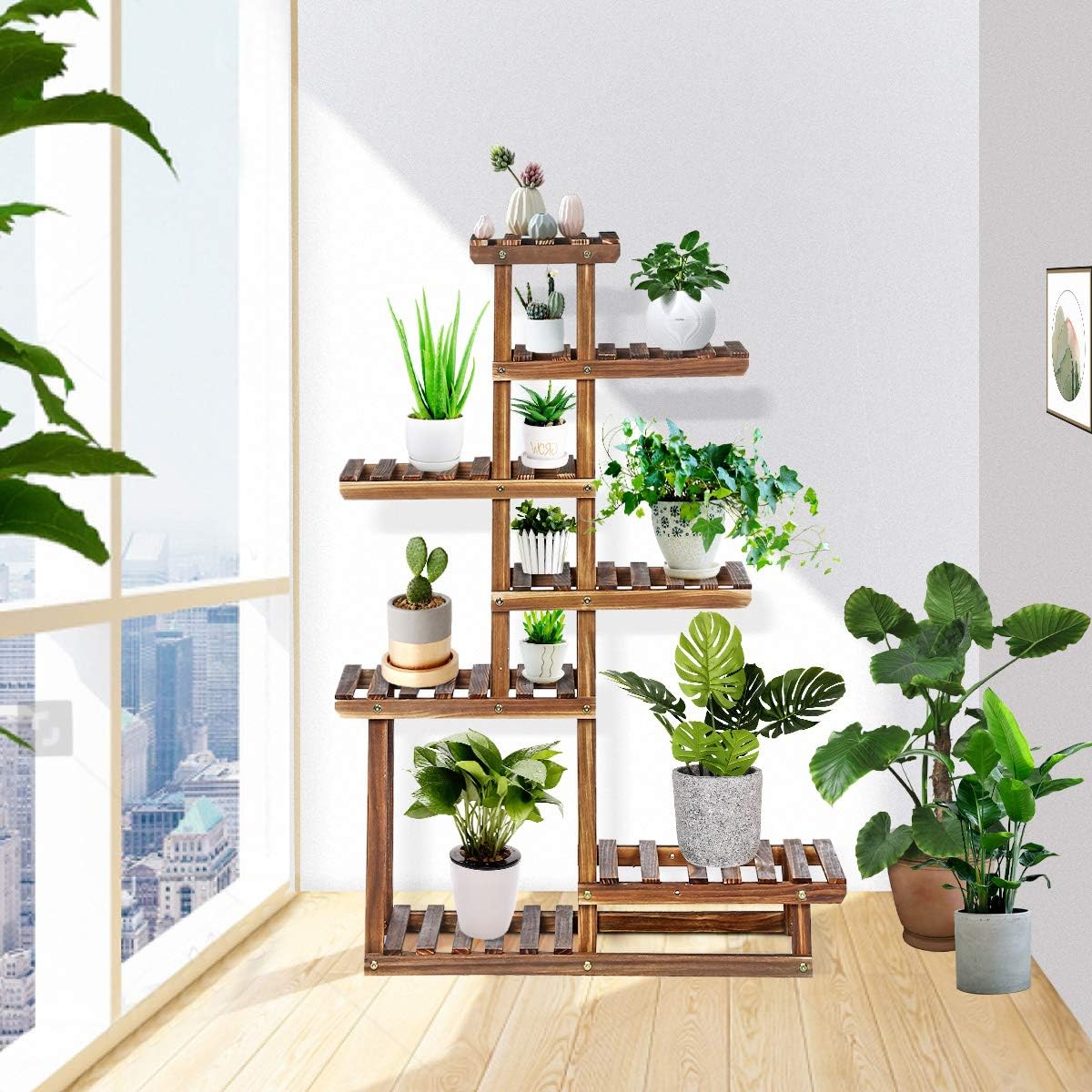 TOOCA Wood Plant Stand Indoor, 44'' 7 Tier Outdoor Tall Plant Stand, Flower Stand, Multiple Tier Plant Display Rack Holder, Steady Vertical Carbonized Shelves for Patio Livingroom Balcony Garden: Garden & Outdoor