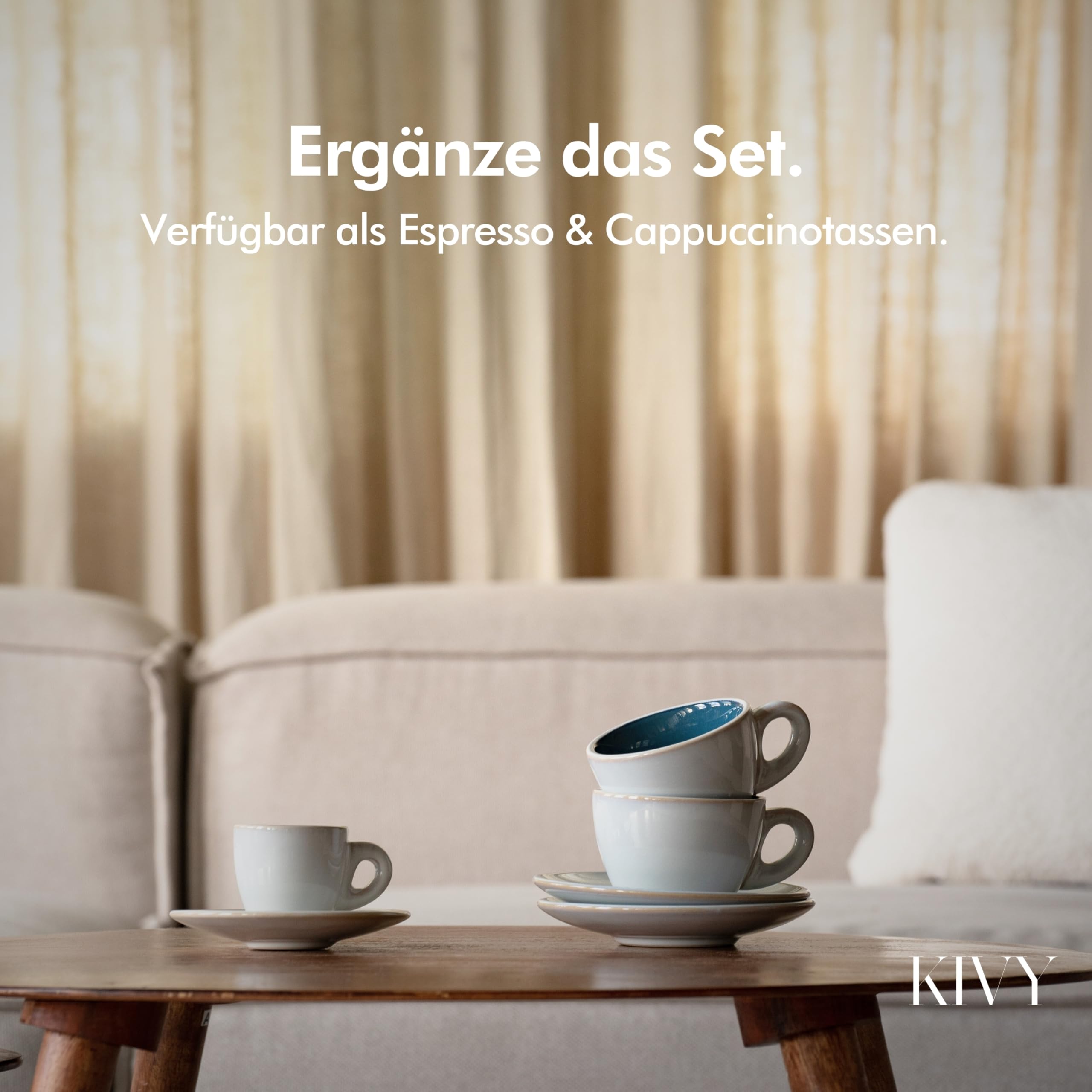 KIVY Cappuccino Tassen Dickwandig [4 x 240ml] - Handgefertigte Steingut Tasse - Kaffeetassen mit Untertassen - Cappuccinotassen Grau Blau- Milchkaffee Tassen Groß - Cappuccino Tasse mit Untertasse 6