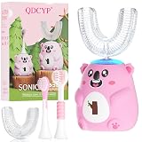 QDCYP Kids U Shaped Electric Toothbrush, Automatic 360° Sonic Cleaning, 6 Modes, 4 Brush Heads, Cute Cartoon Koala Design (6-12 Age (Pink))