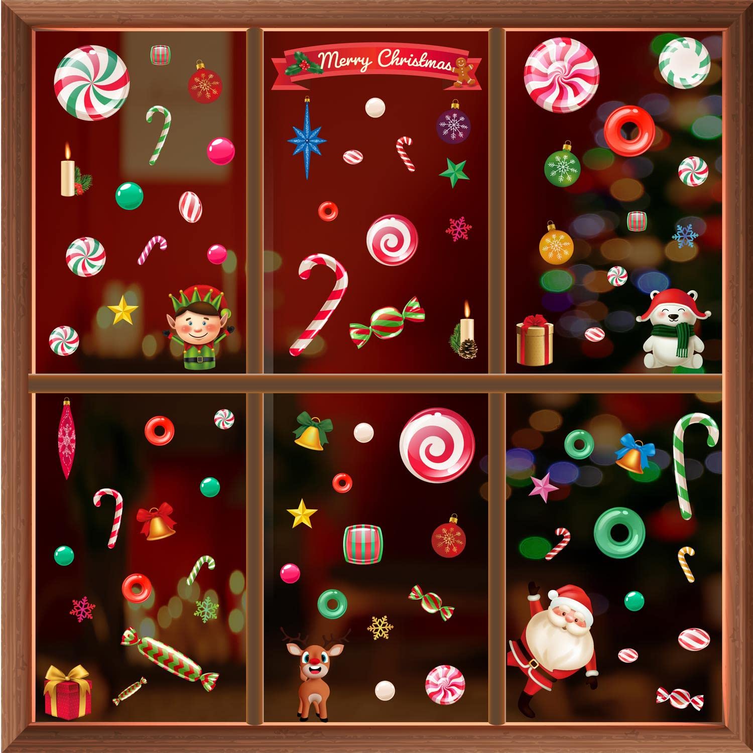 WALPLUS Christmas Window Stickers Clings Xmas Decoration Sale Clearance Reusable Double-Sided Print Decals for Glass Living Room Windows Display Christmas Crew in Candyland 105 Pieces