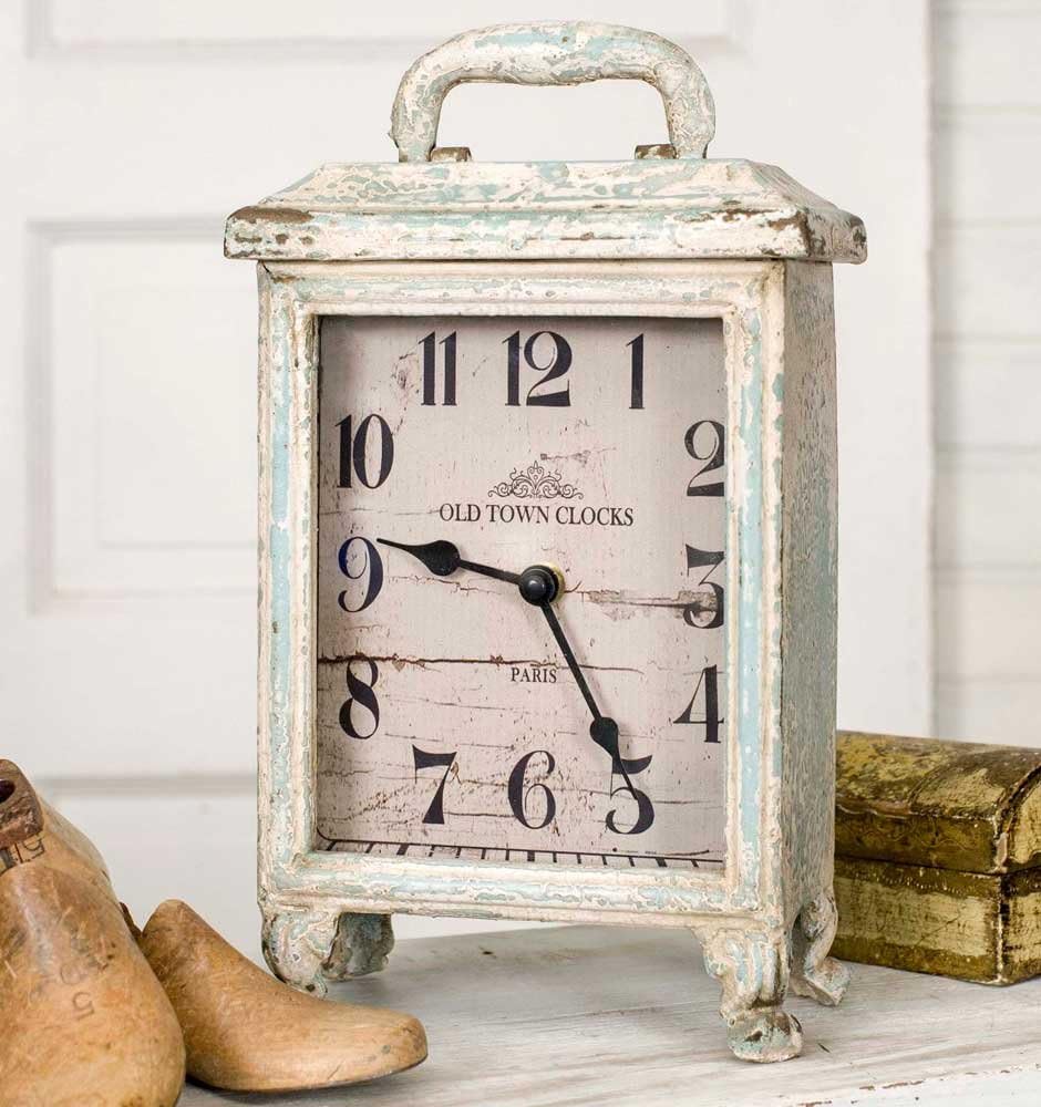 Carriage Clock Rustic in Distressed Tin, Stands 11 Inches Tall, Battery